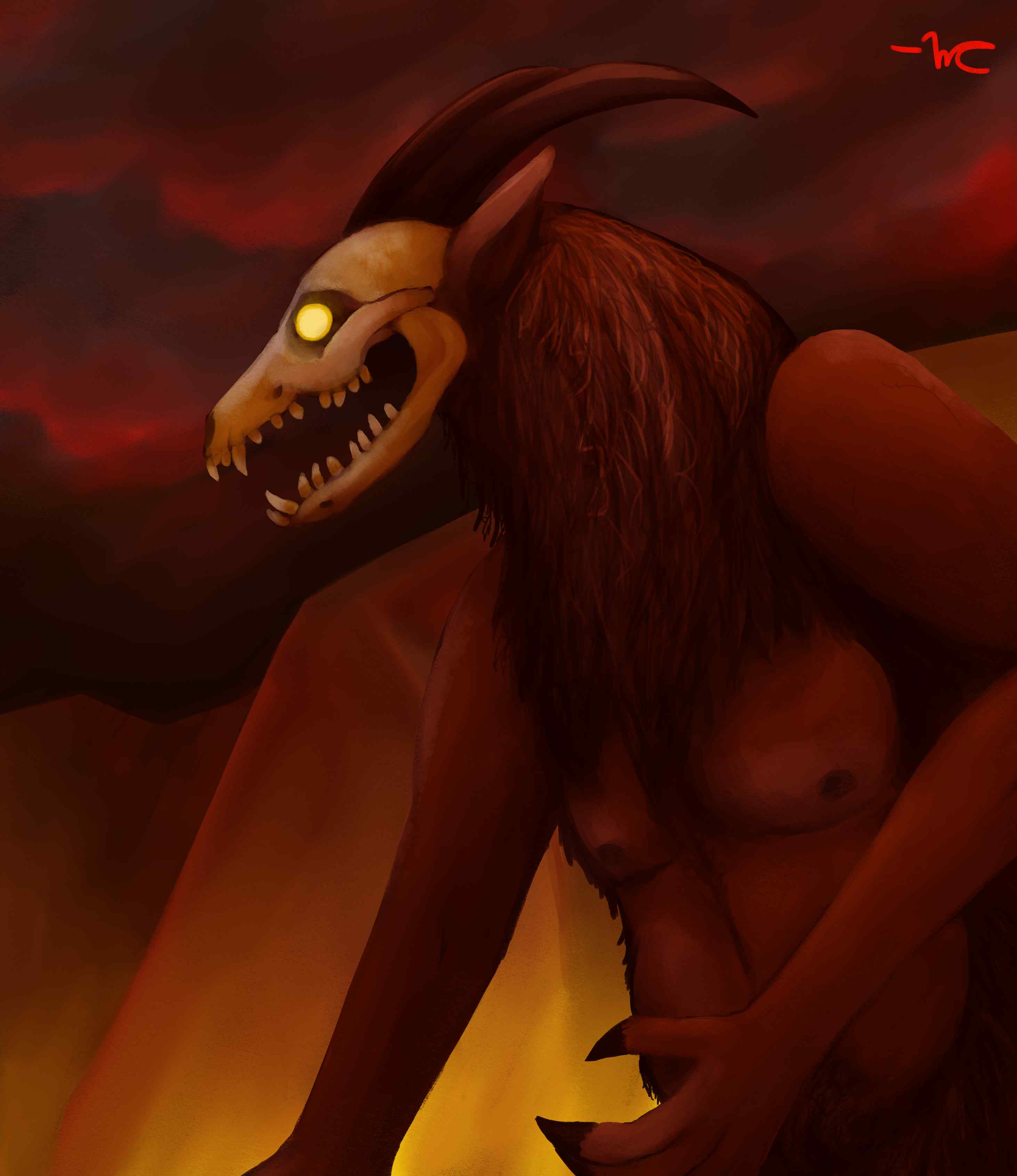 A red humanoid demon with an animal skull head. Behind it are red clouds and glowing warm mountains. The skull resembles a canine with goat horns, and glowing yellow eyes.